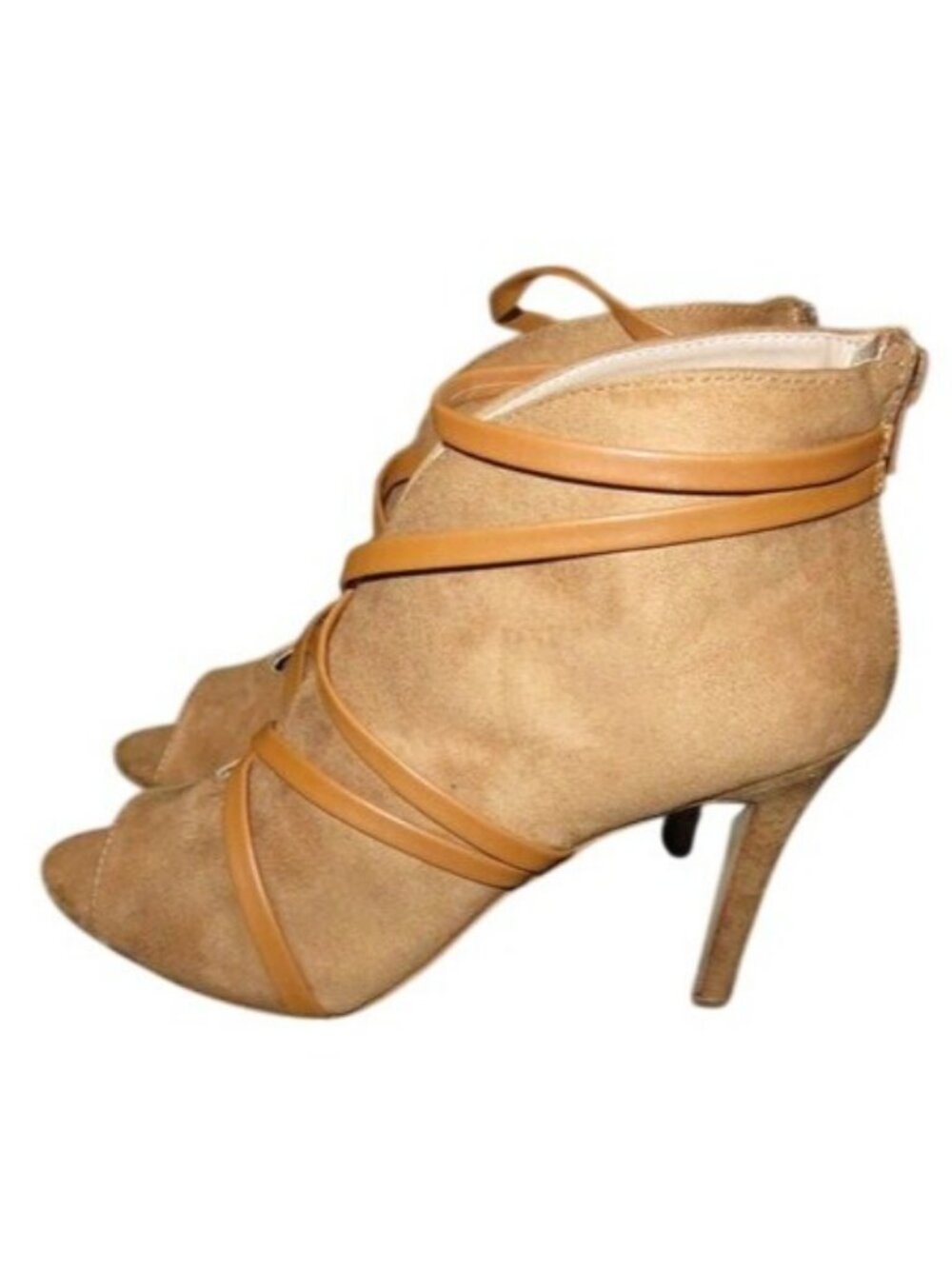 Johnnie-O Tan Micro suede Vegan Leather wrapped booties heels stilettos size 7.5